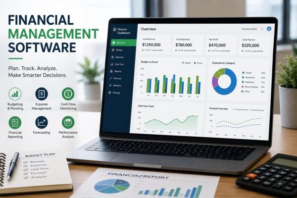 Financial management software dashboard showing budgeting, expenses, cash flow, and financial reports