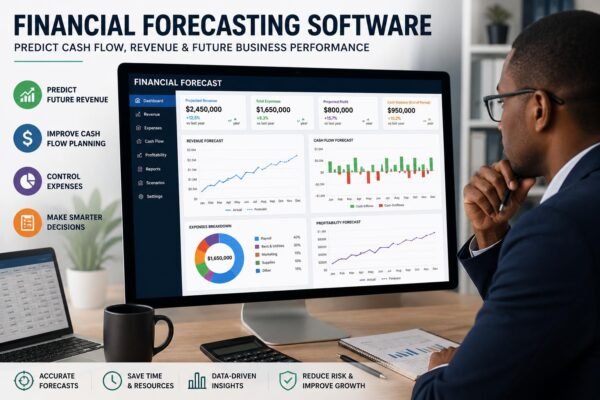 Financial forecasting software dashboard showing projected revenue, expenses, and cash flow