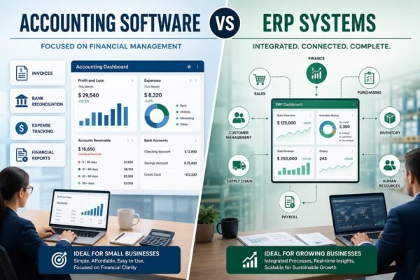Accounting software vs ERP systems comparison showing financial management and integrated business operations