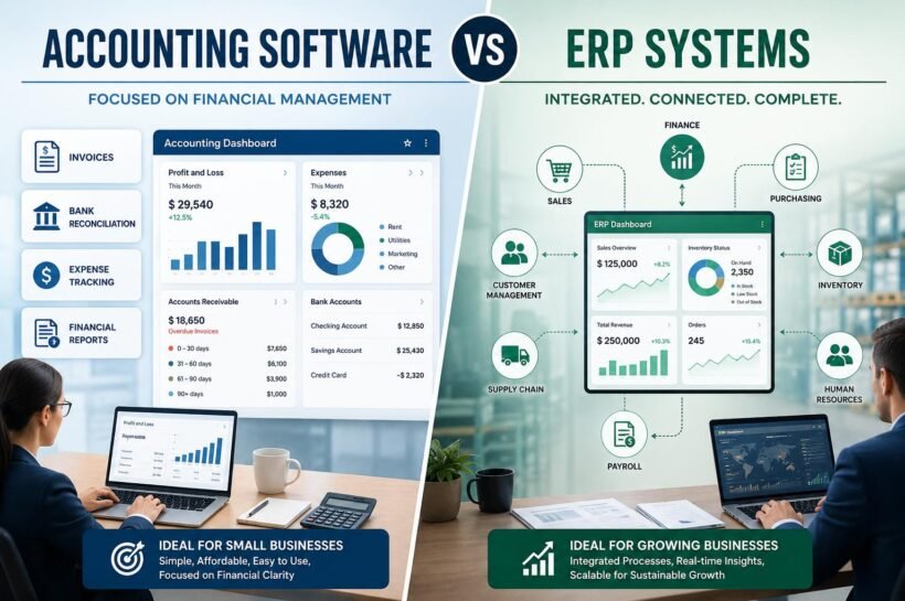 Accounting software vs ERP systems comparison showing financial management and integrated business operations