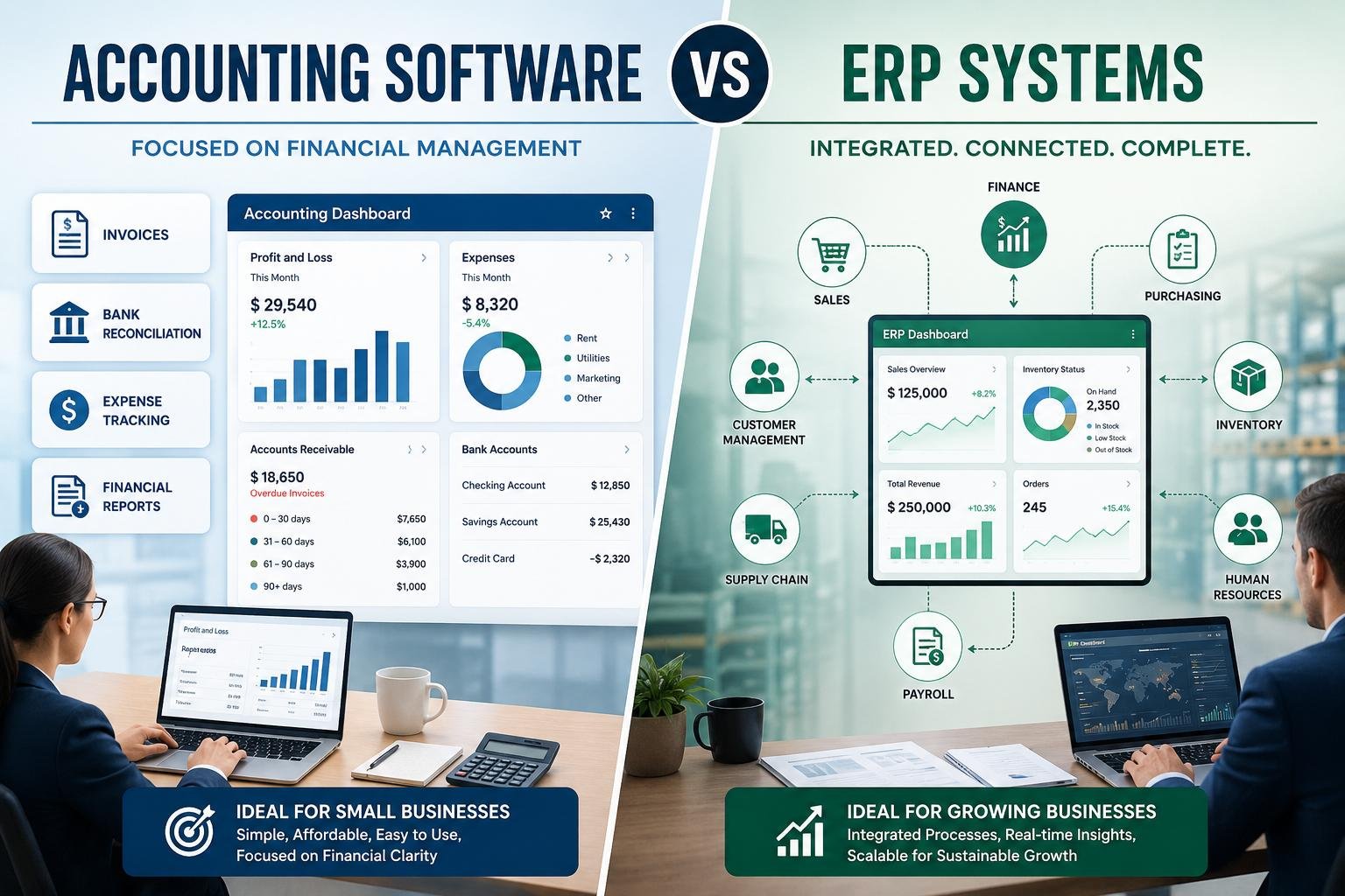 Accounting software vs ERP systems comparison showing financial management and integrated business operations