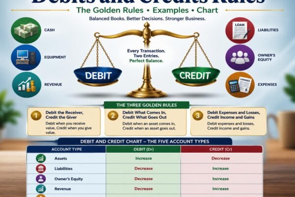 Debits and credits rules chart showing the three golden rules of accounting
