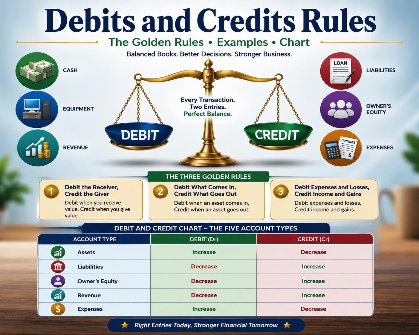 Debits and credits rules chart showing the three golden rules of accounting