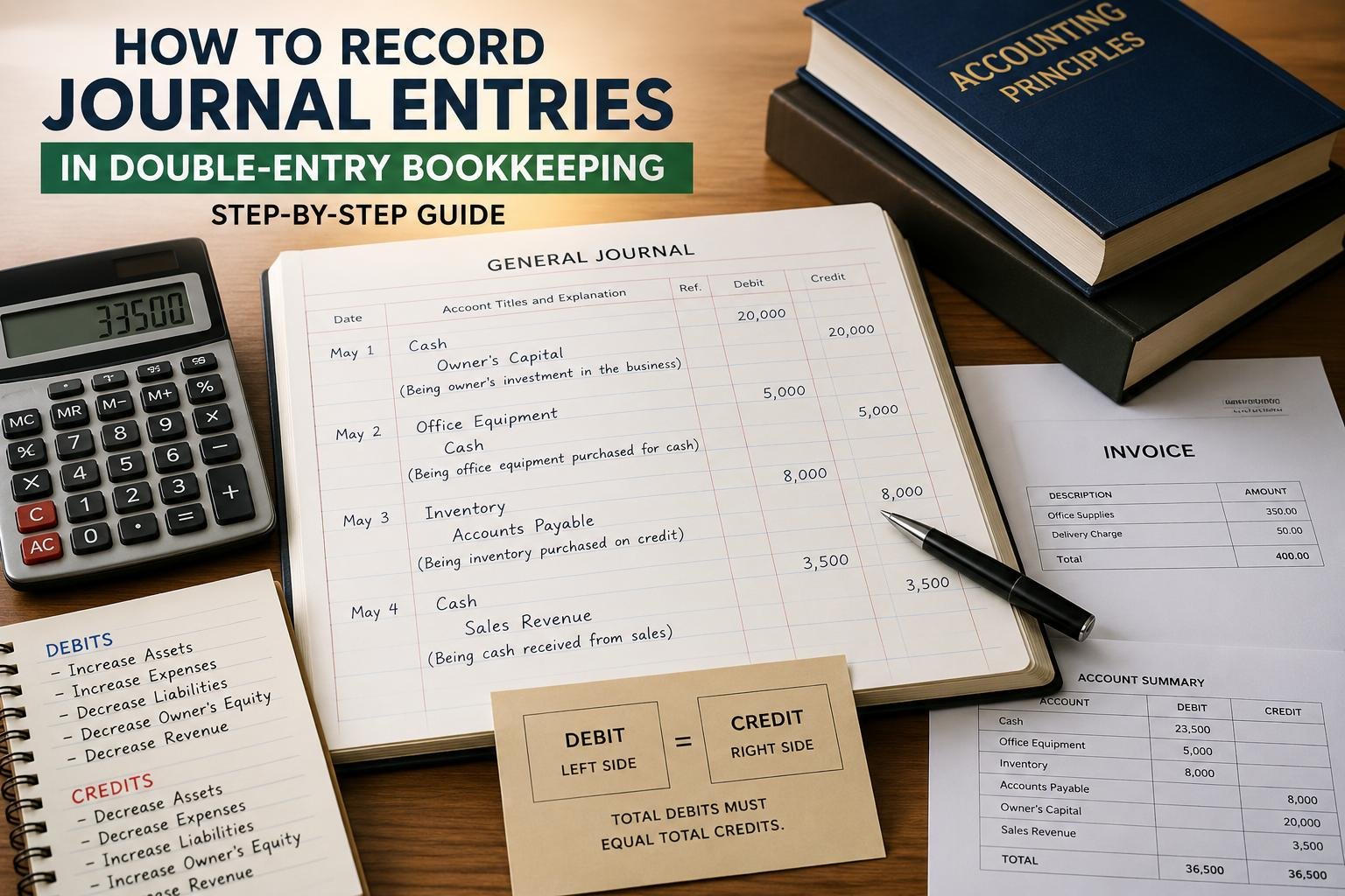 Accountant recording journal entries in a general journal using the double-entry bookkeeping system.