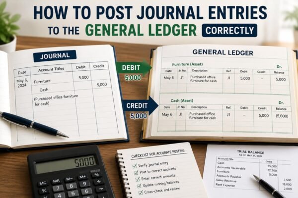 Journal entries being posted to a general ledger using the double-entry bookkeeping system.