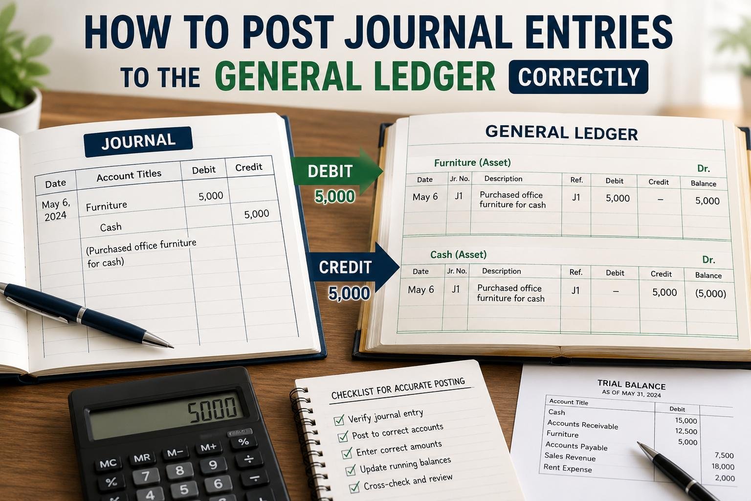 Journal entries being posted to a general ledger using the double-entry bookkeeping system.