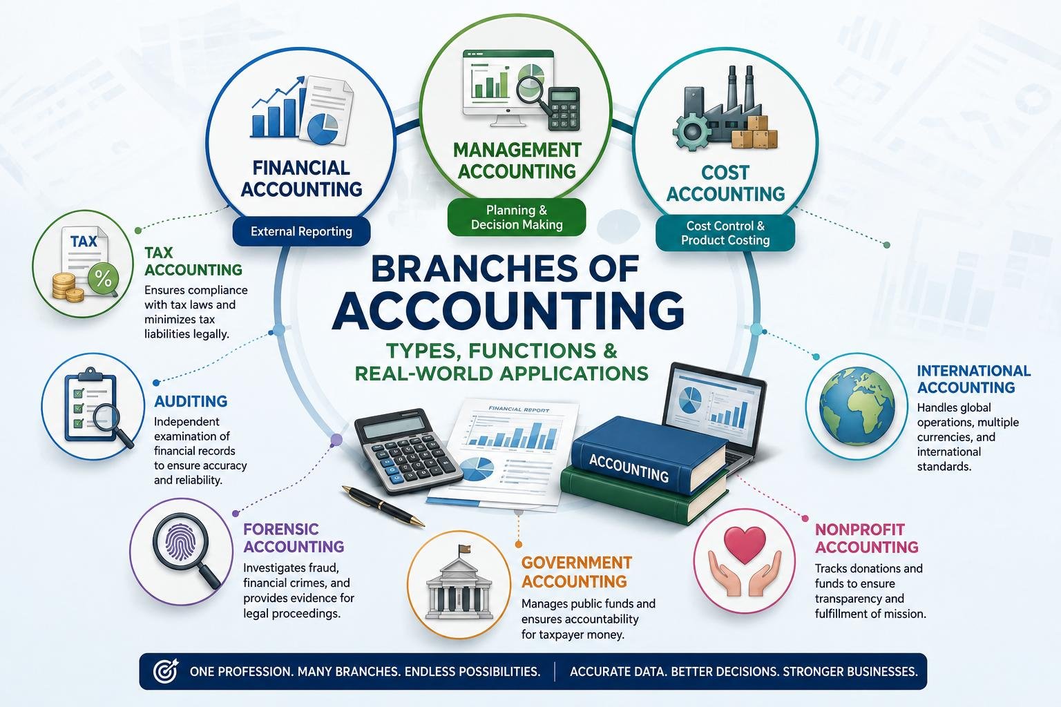 Branches of accounting explained with financial, management, and cost accounting