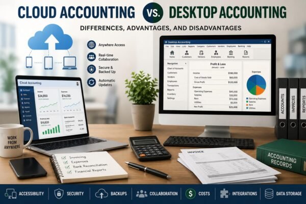 Cloud accounting vs desktop accounting comparison showing cloud-based and desktop financial management systems