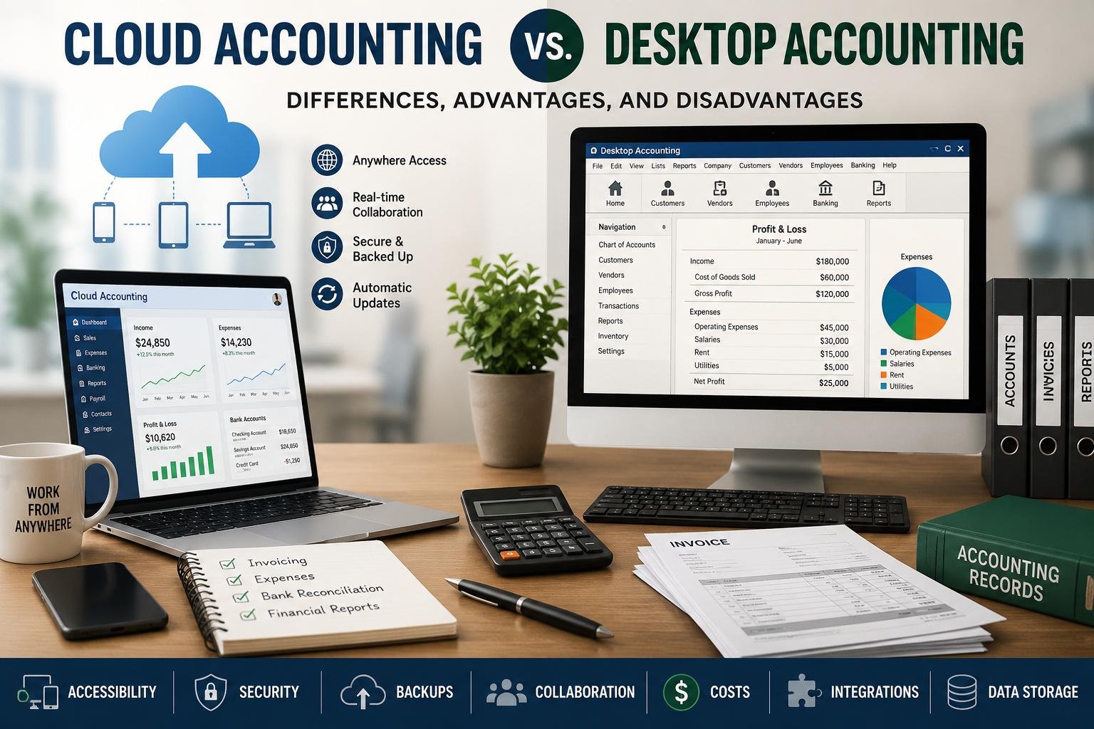 Cloud accounting vs desktop accounting comparison showing cloud-based and desktop financial management systems