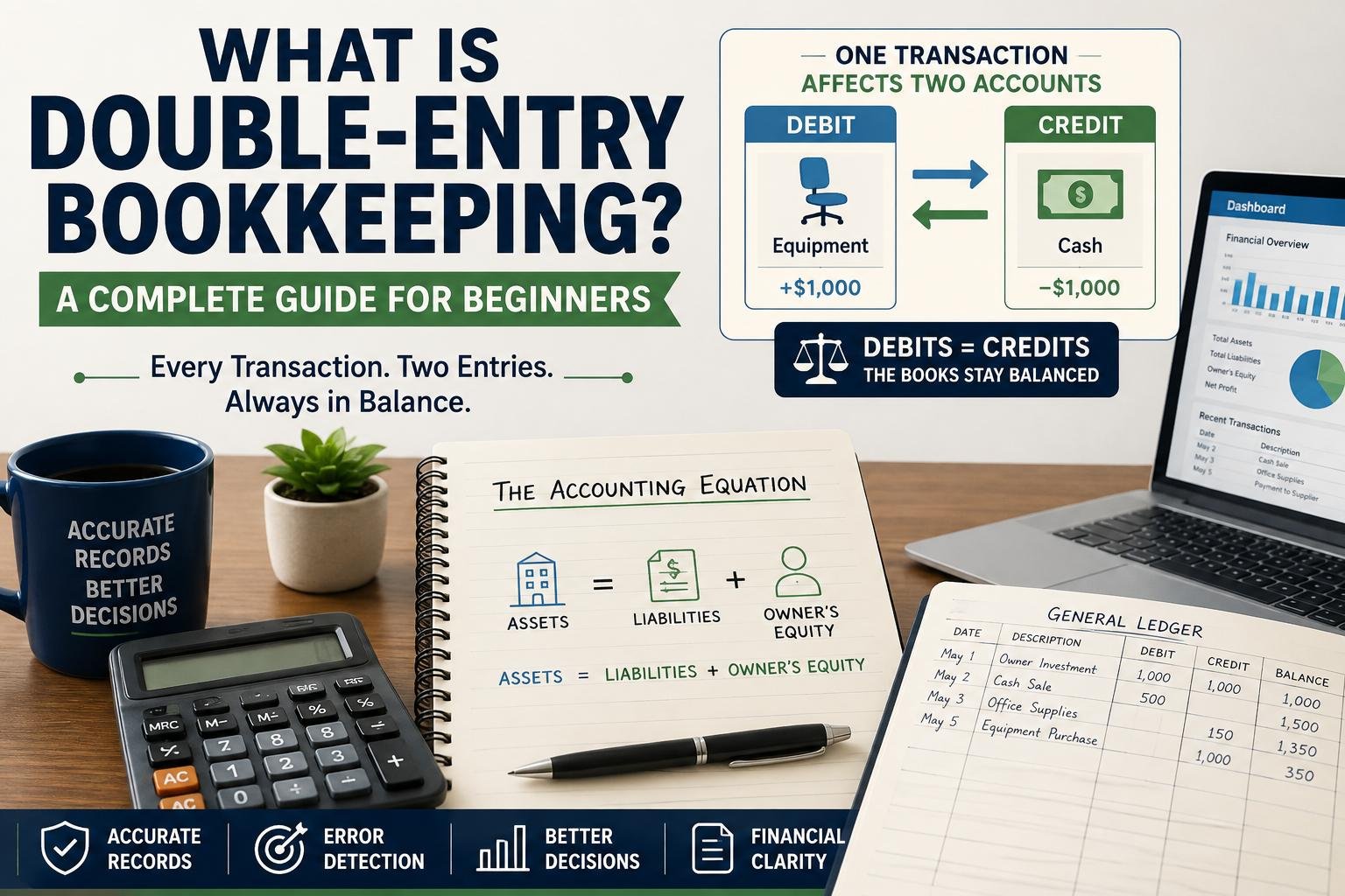 What is double-entry bookkeeping explained with debits, credits, and the accounting equation.