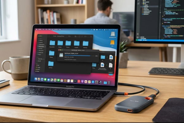 Modern external hard drive connected to laptop for long-term data backup and digital file protection.