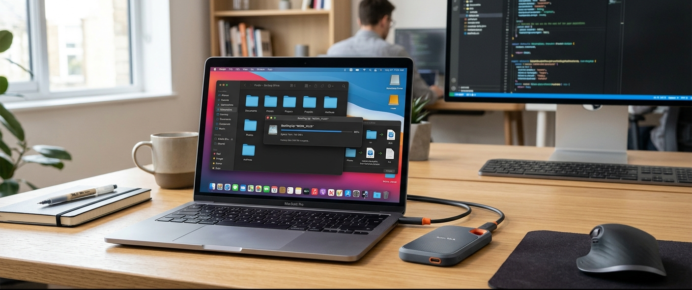 Modern external hard drive connected to laptop for long-term data backup and digital file protection.