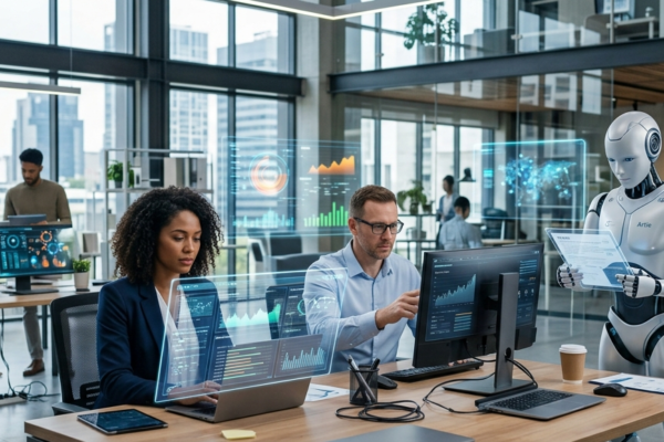 Human professionals collaborating with artificial intelligence technology in a futuristic workplace.