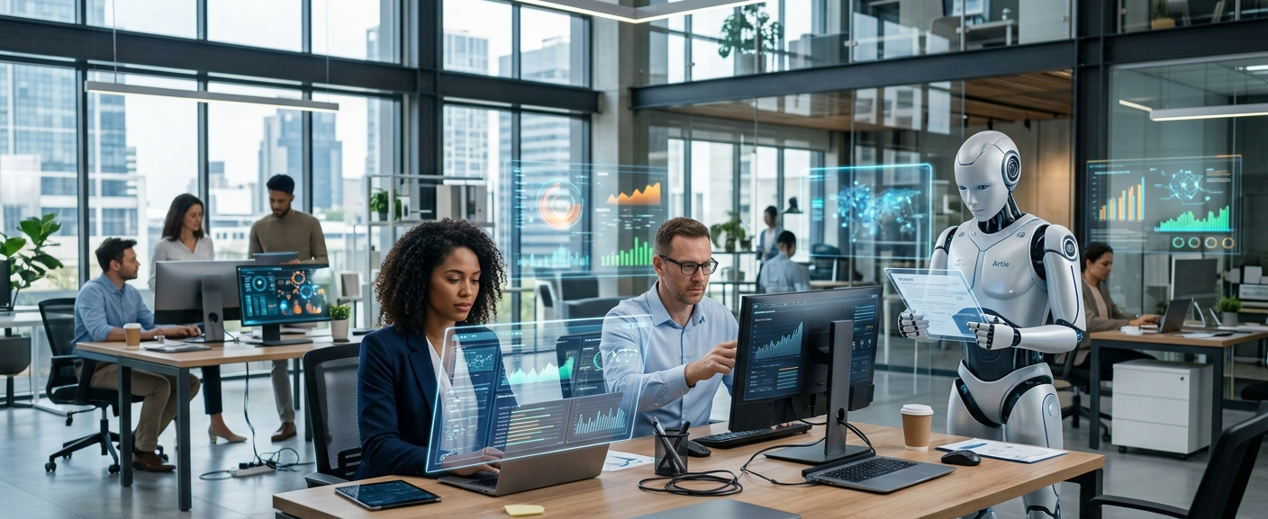 Human professionals collaborating with artificial intelligence technology in a futuristic workplace.