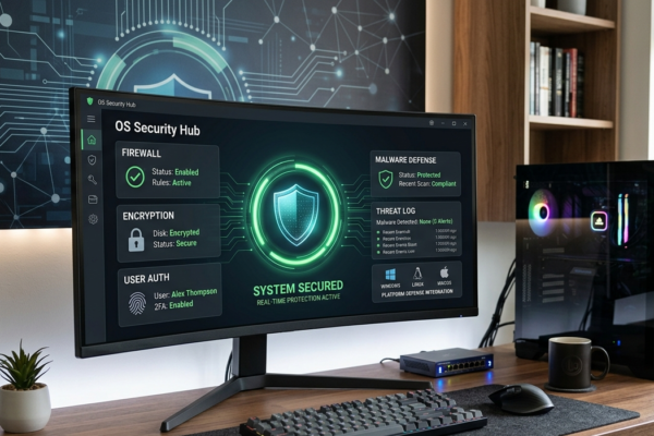 Modern computer showing operating system security features including firewall, encryption, and malware protection