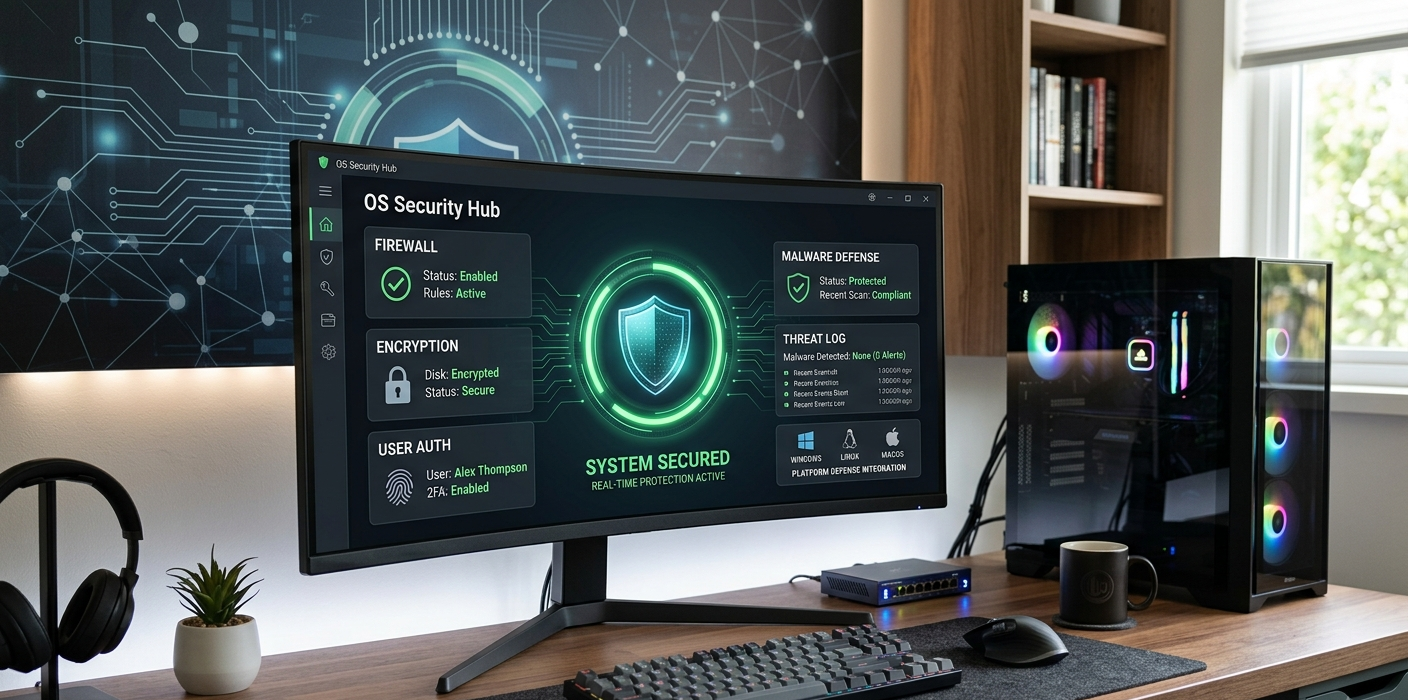 Modern computer showing operating system security features including firewall, encryption, and malware protection