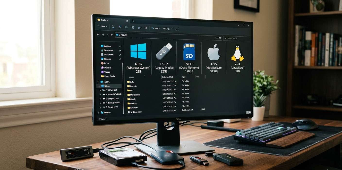 What Is a File System? NTFS vs FAT32 vs APFS vs ext4 Explained 5 Computer storage devices showing different file systems including NTFS, FAT32, APFS, exFAT, and ext4