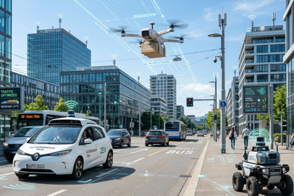 Autonomous systems including a self-driving car, delivery drone, and intelligent robot in a smart city environment