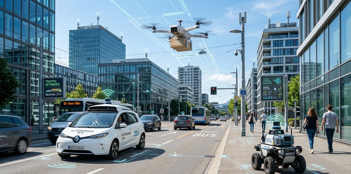 Autonomous systems including a self-driving car, delivery drone, and intelligent robot in a smart city environment