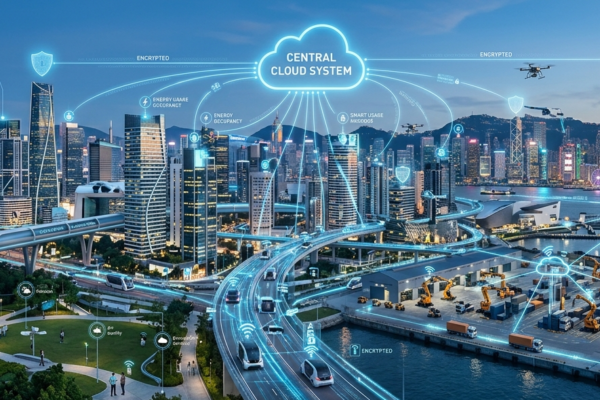 Realistic futuristic smart city showing IoT devices, connected networks, cloud computing, and cybersecurity challenges.