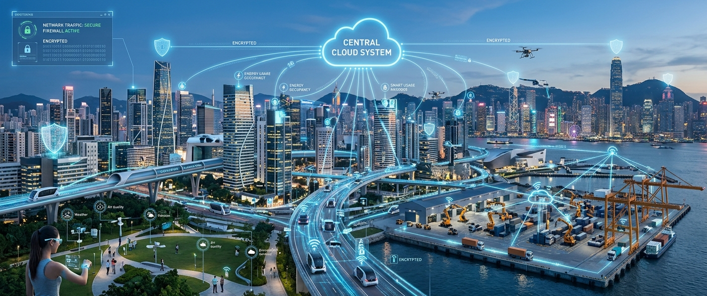 Realistic futuristic smart city showing IoT devices, connected networks, cloud computing, and cybersecurity challenges.