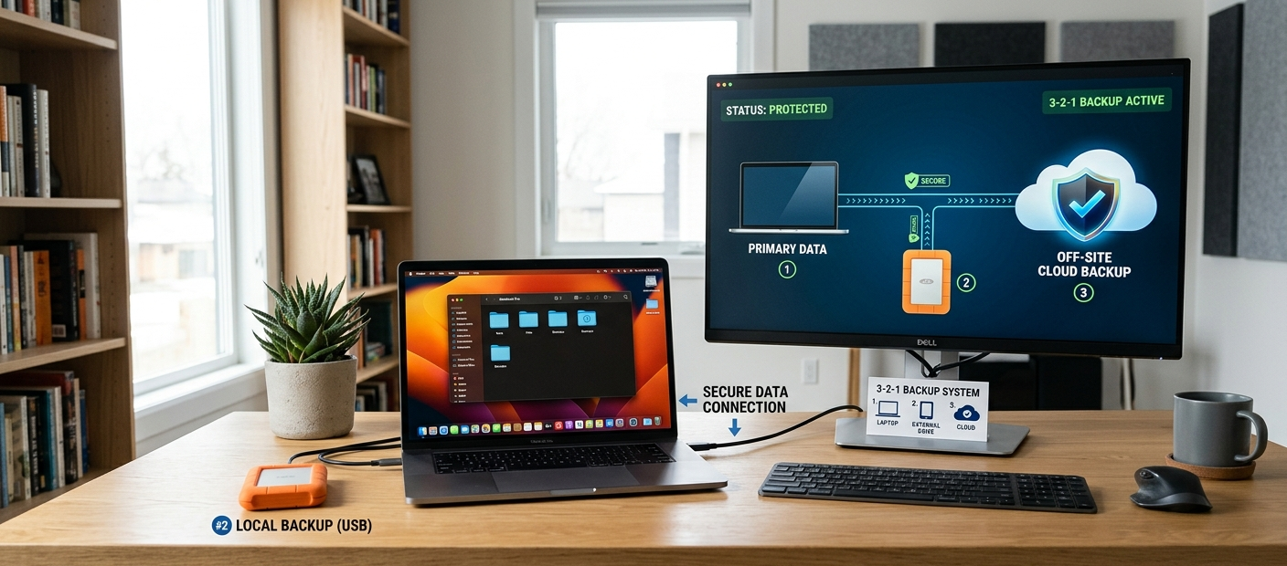The Complete Guide to the 3-2-1 Backup Rule for Home and Business Users 6 A realistic home office showing a laptop, external hard drive, and cloud storage representing the 3-2-1 backup rule.