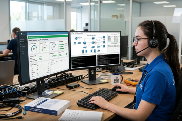 Beginner IT support technician working at a help desk with computer systems and troubleshooting tools.