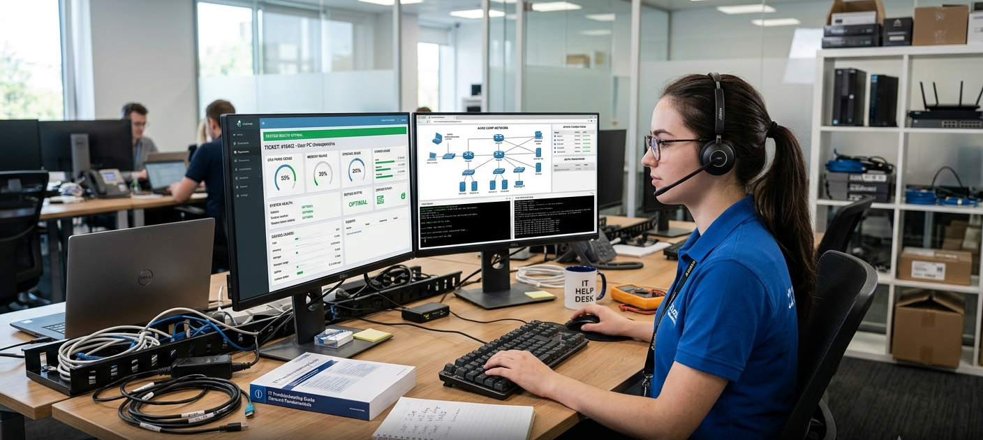 Step-by-Step Guide to Building a Successful Career in IT Support and Help Desk 4 Beginner IT support technician working at a help desk with computer systems and troubleshooting tools.