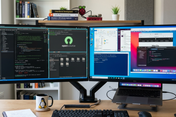 Open source vs closed source operating systems comparison showing Linux, Windows, and macOS on modern computers