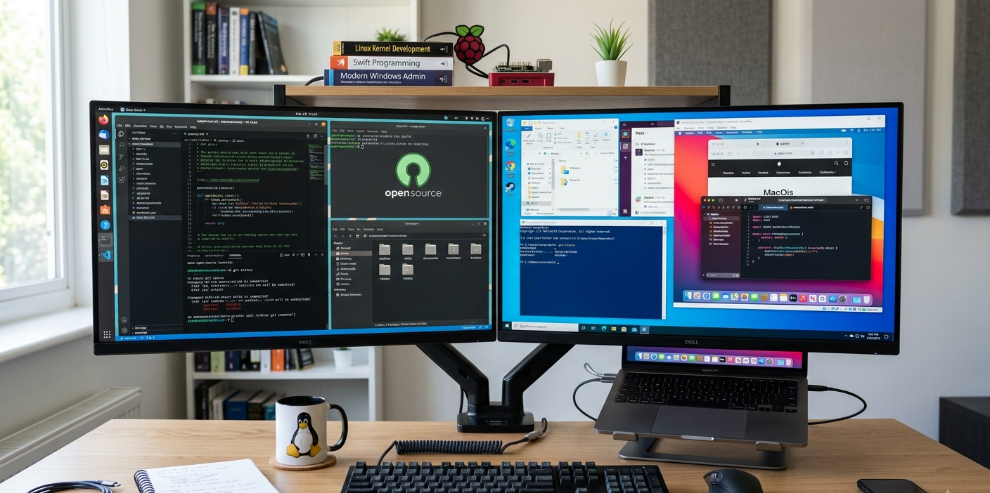 Open source vs closed source operating systems comparison showing Linux, Windows, and macOS on modern computers