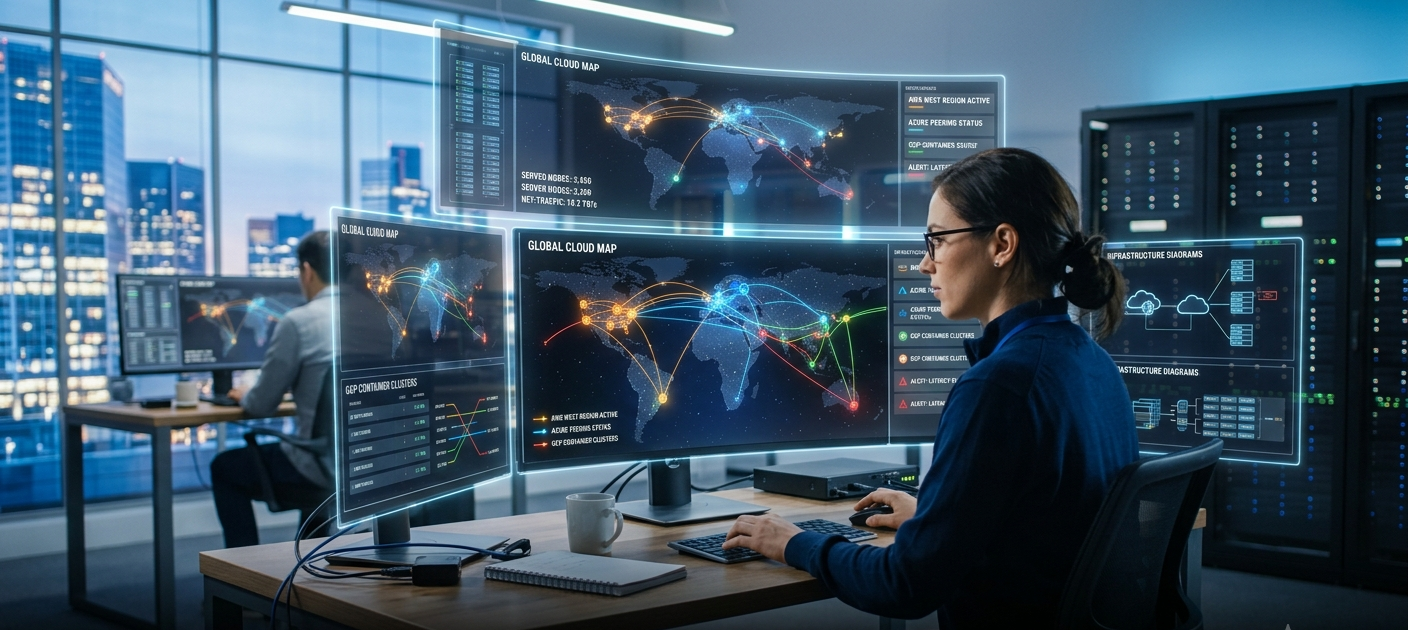 Cloud engineer managing AWS Azure and Google Cloud infrastructure with digital cloud computing networks.