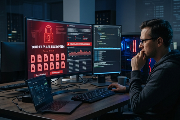 Cybersecurity professional viewing a ransomware attack warning on a computer screen with encrypted files and digital security alerts.