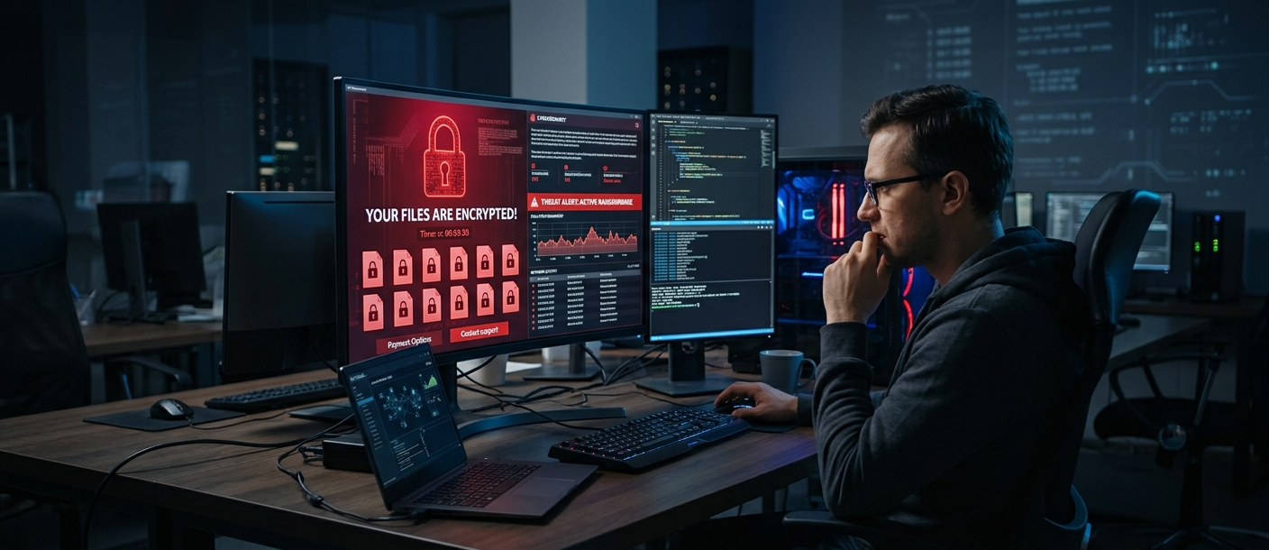 Cybersecurity professional viewing a ransomware attack warning on a computer screen with encrypted files and digital security alerts.