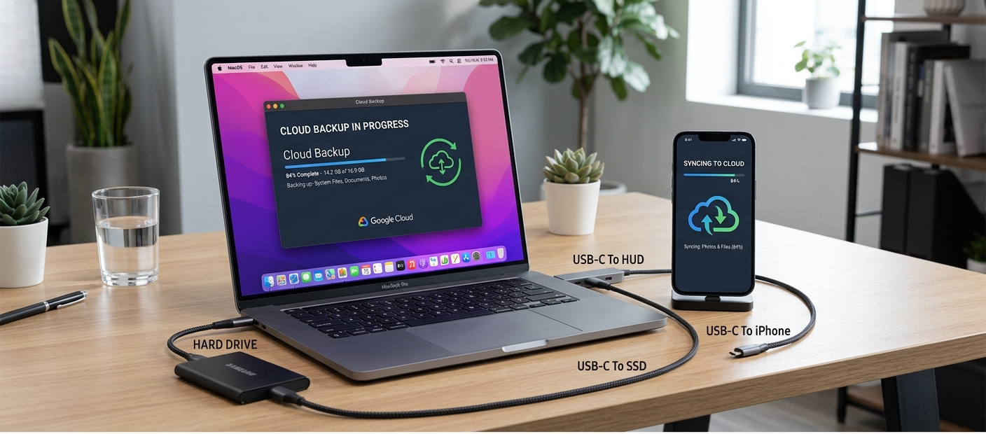 How to Automate Your Data Backups on Windows, Mac, and Smartphones and Never Forget Again 3 Automatic backup system protecting files across computers, smartphones, and cloud storage.