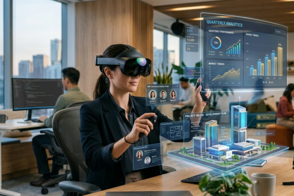 A person using an extended reality headset with AR, VR, and MR digital elements in a modern workspace