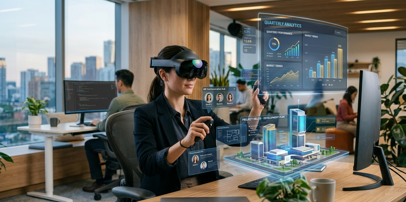 A person using an extended reality headset with AR, VR, and MR digital elements in a modern workspace