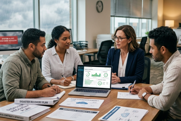 Small business team creating a disaster recovery plan with backup systems and emergency documents.