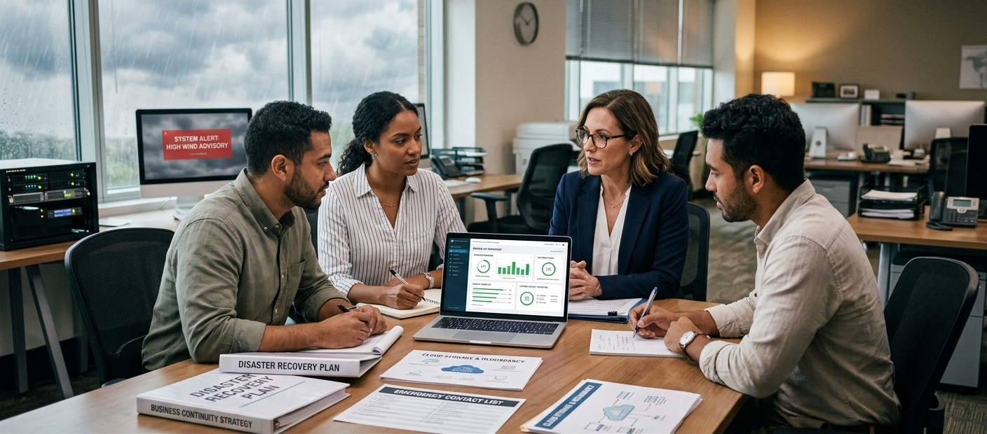 Small business team creating a disaster recovery plan with backup systems and emergency documents.