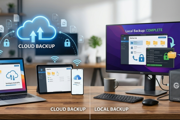 Cloud backup vs local backup comparison showing cloud storage and external hard drive solutions