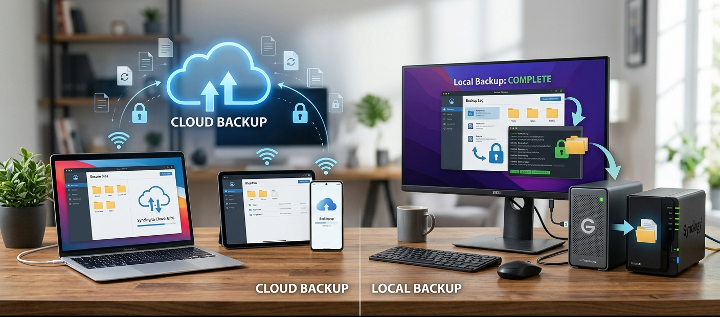Cloud Backup vs. Local Backup: Which Is Safer, Cheaper, and Better for You? 6 Cloud backup vs local backup comparison showing cloud storage and external hard drive solutions