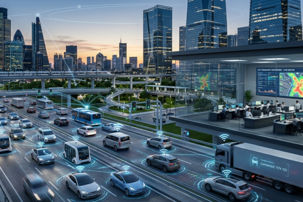 IoT transportation technology connecting smart cars, fleet management systems, and smart city infrastructure through real-time data networks.