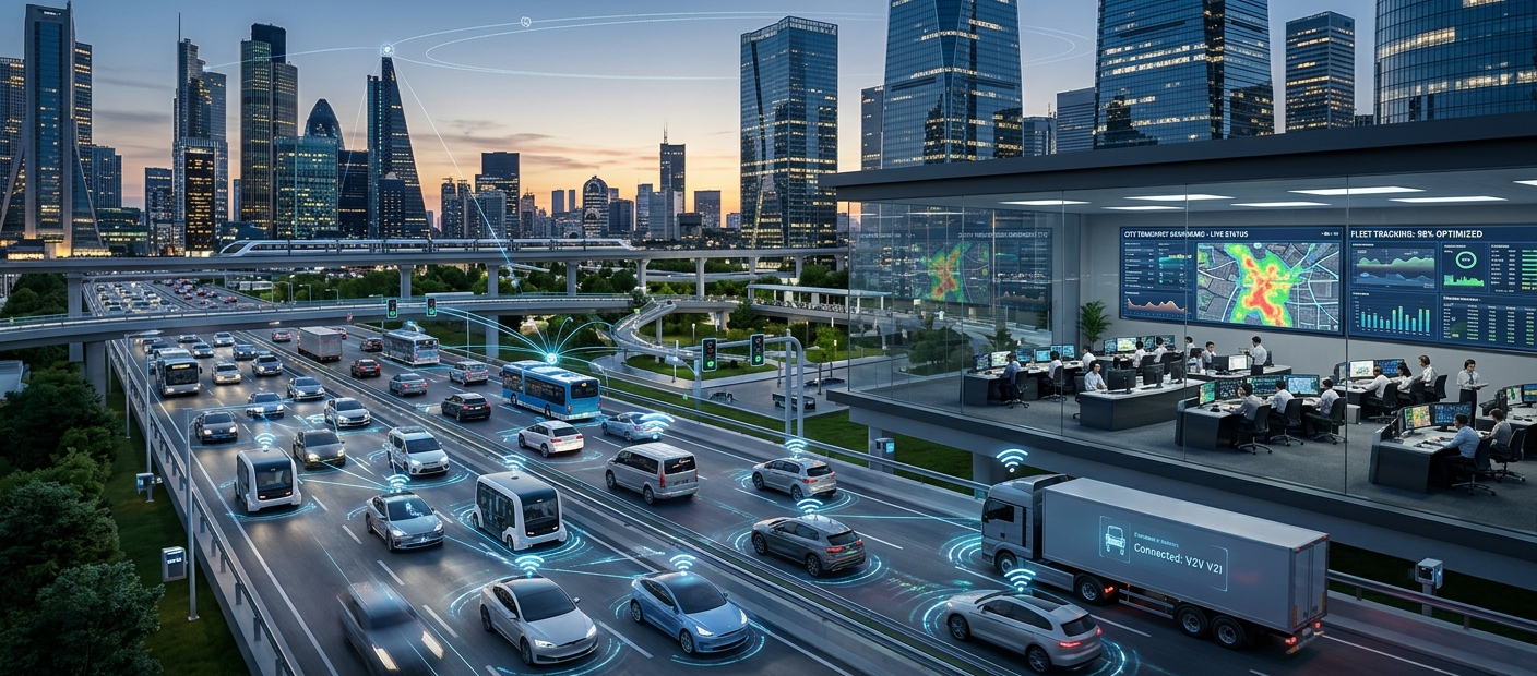 IoT in Transportation: Connected Cars, Fleet Management, and Smart Cities 1 IoT transportation technology connecting smart cars, fleet management systems, and smart city infrastructure through real-time data networks.