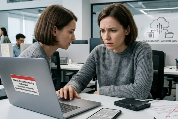 Person facing data loss after failed backup with damaged hard drive and missing files