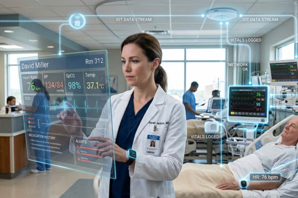 Doctor using IoT healthcare technology with connected medical devices and real-time patient monitoring systems in a modern hospital.