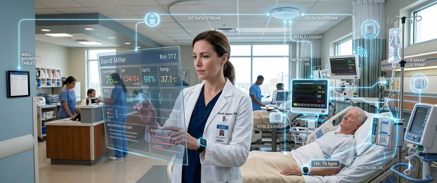 Doctor using IoT healthcare technology with connected medical devices and real-time patient monitoring systems in a modern hospital.