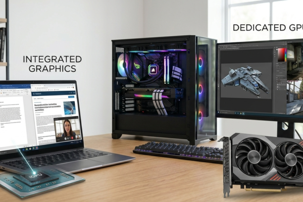 Realistic comparison of integrated graphics and dedicated GPU systems showing laptop efficiency versus high-performance graphics hardware.