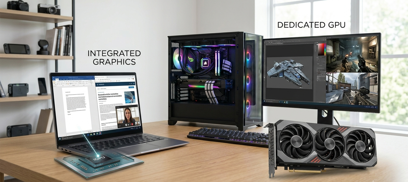 Integrated vs Dedicated Graphics: Do You Really Need a Graphics Card? 3 Realistic comparison of integrated graphics and dedicated GPU systems showing laptop efficiency versus high-performance graphics hardware.