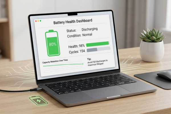 Modern laptop displaying battery health information and charging status on a workspace.