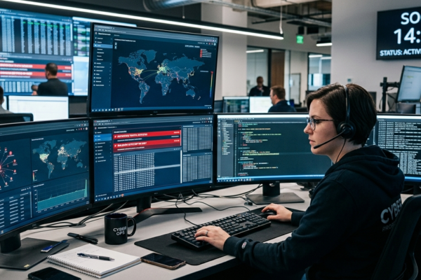 Cybersecurity professional monitoring security systems and digital threats in a modern operations center.
