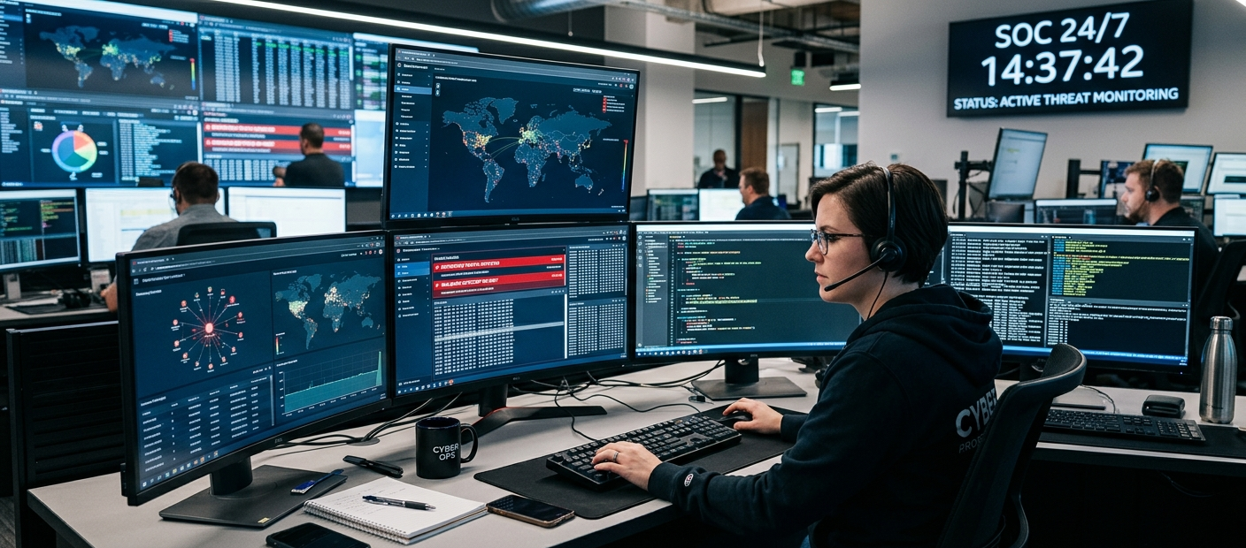 Cybersecurity professional monitoring security systems and digital threats in a modern operations center.